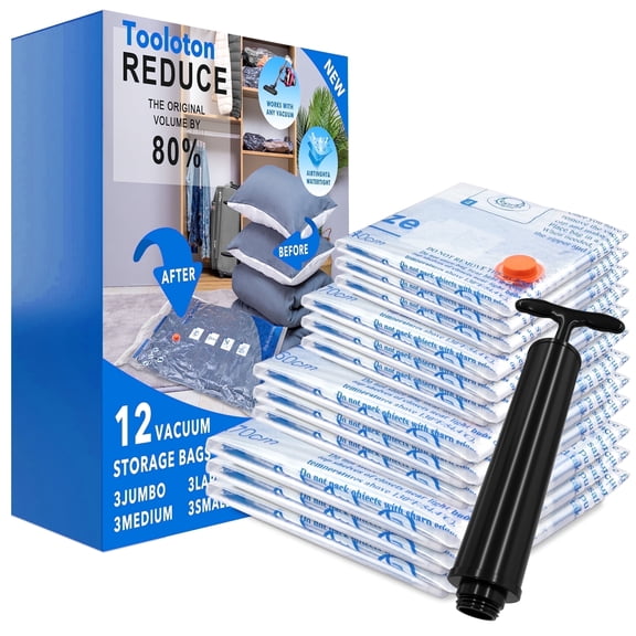 Tooloton Vacuum Storage Bags with Turbo Valve, 12 Pack (3 Jumbo, 3 Large, 3 Medium, 3 Small)