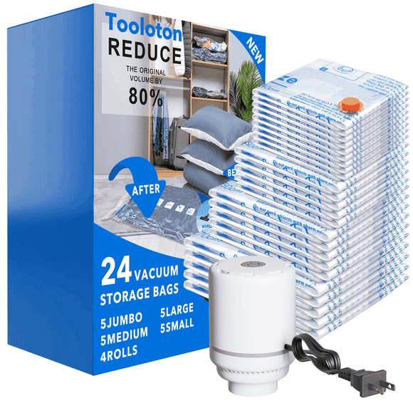 Tooloton 24 Pack Vacuum Storage Bags with Electric Pump, 5 Jumbo, 5 Large, 5 Medium, 5 Small, 4 Roll up Bags