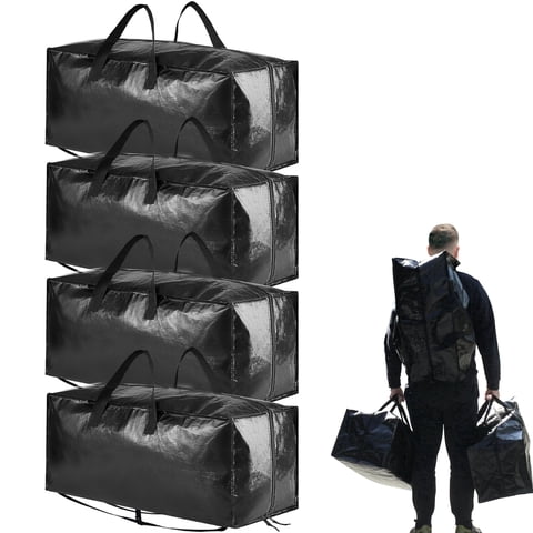 Tooloton Heavy Duty Moving Bags, Extra Large Storage Totes with Backpack Straps, Strong Handles & Zippers, 4 Pack, Black