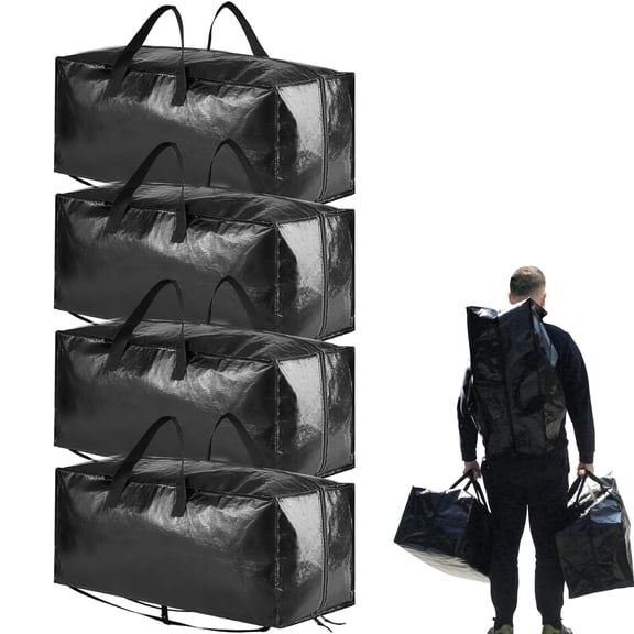 Tooloton Heavy Duty Moving Bags, Extra Large Storage Totes with Backpack Straps, Strong Handles & Zippers, 4 Pack, Black
