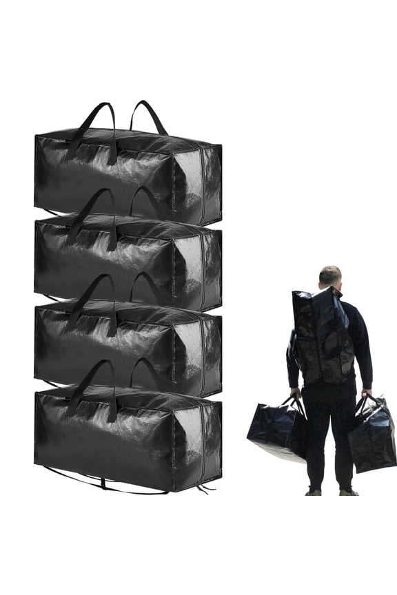 Heavy Duty Moving Bags, Extra Large Storage Totes with Backpack Straps, Strong Handles & Zippers, 4 Pack, Black
