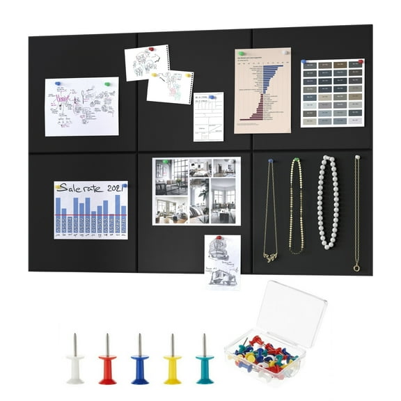 Tooloton Large Cork Board for Wall, Black Felt Bulletin Board with Pushpins, 36" x 24" 6 Panels Wall Tiles, Tack Push Pin Boards for Office