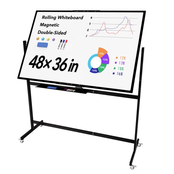 Tooloton Large Rolling Whiteboard on Wheels, 48 x 36 Inches with Stand, 4' x 3' Magnetic Dry Erase Board Easel, Black