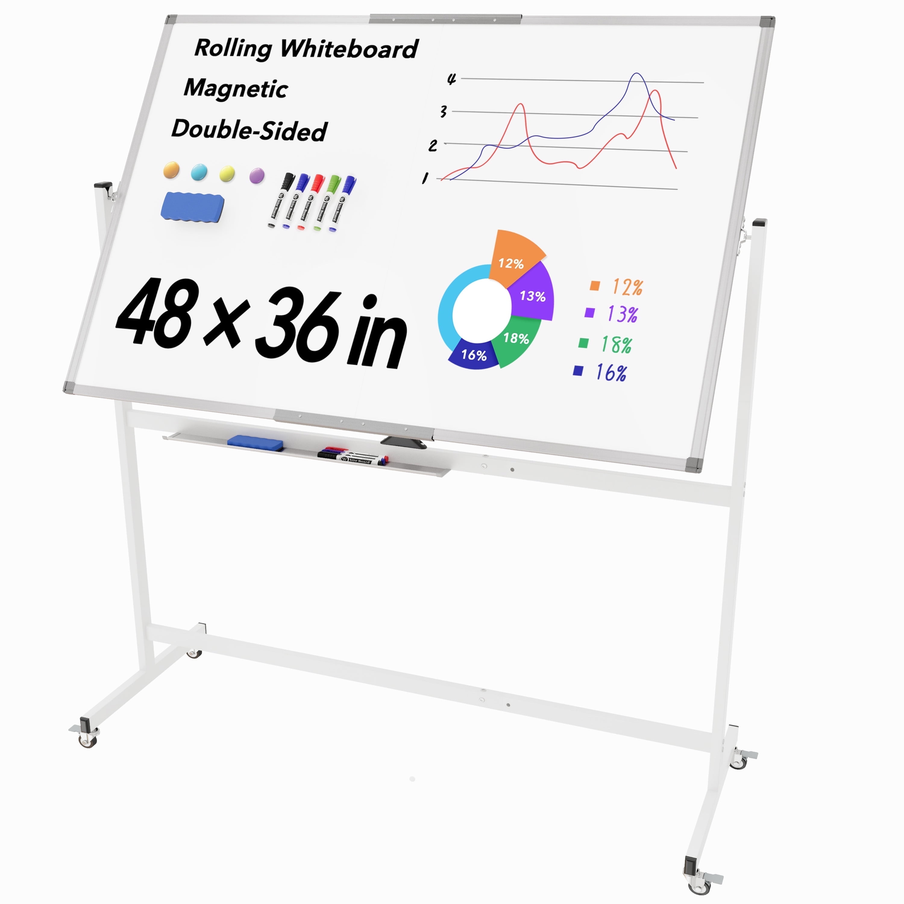 Tooloton Large Rolling Whiteboard on Wheels, 48 x 36 Inches with Stand, 4' x 3' Magnetic Dry Erase Board Easel