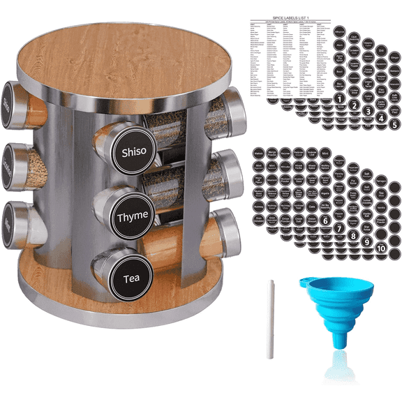 Tooloton Revolving Spice Rack with 12 Jars and 386 Labels, Stainless Steel