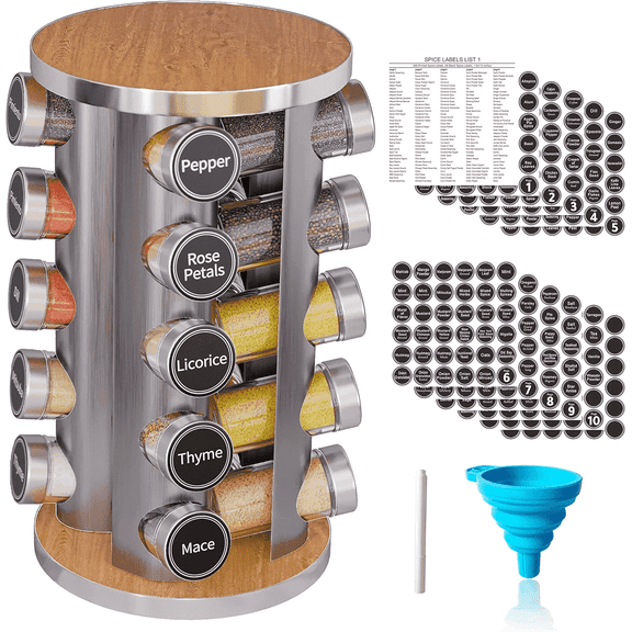 Tooloton Rotating Spice Rack Organizer with 20 Refillable Jars and Labels