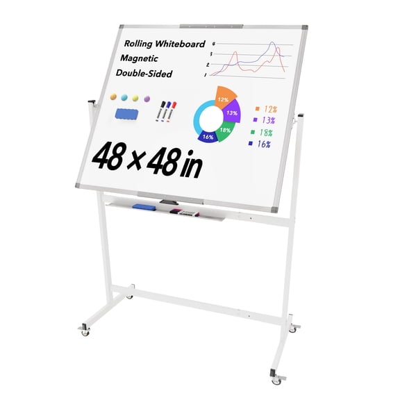 Tooloton Rolling Whiteboard, 48x48 Large Magnetic White Board with Stands, Big Double-Sided White Board Dry Erase on Wheels for Homeschool, Home Office, Office, School