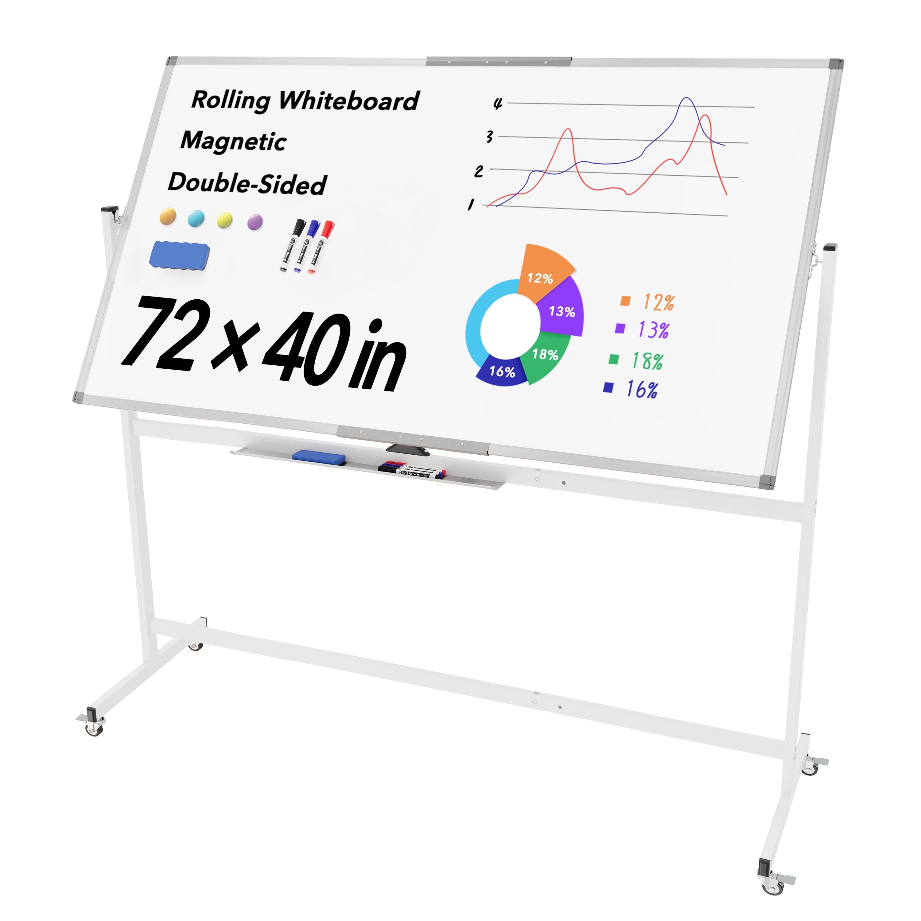 Tooloton Rolling Whiteboard,72"x36" White Board with Stands Movable Dry Erase Board on Wheels, Large Double Sided Standing Whiteboard for Office School Classroom Presentation Supplies