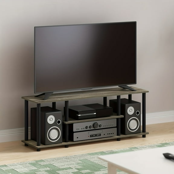 No Tools 3D 3-Tier Entertainment TV Stand for Up to 50 Inch TV, Round Tubes, French Oak Grey/Black, Wooden Display Rack, Console Table with Storage Shelves, Modern Living Room Furniture