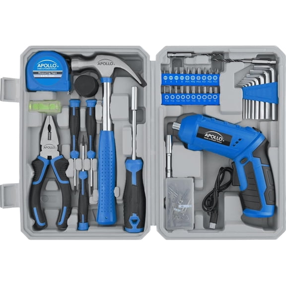 Tools 81-Piece Home Tool Set with 3.6V Li-Ion USB Cordless Screwdriver, Rotating Handle, LED Light, Hand Tools & Picture Hanging Kit Compact Household Repair & DIY Kit, Blue/Gray DT2020