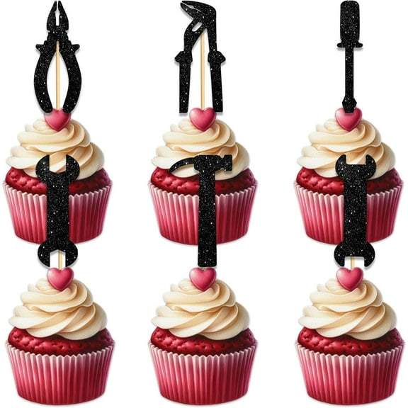 Tools Cupcake Topper for Electrician Repair Theme Party Favors Decorations Men Women Happy Birthday Party Decor Supplies 10pcs Black Glitter