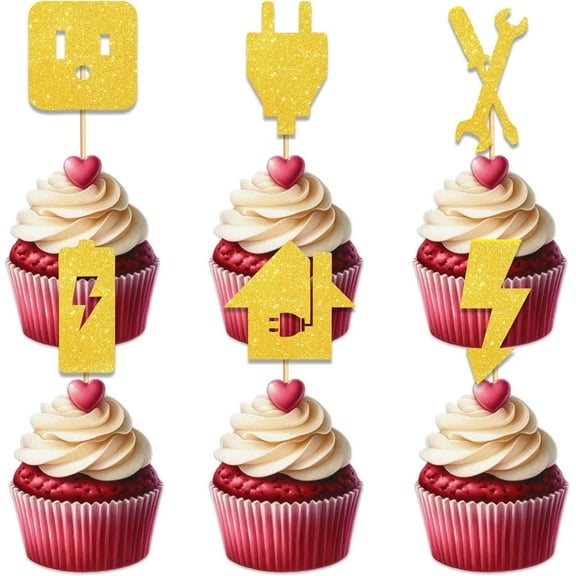 Tools Cupcake Topper for Electrician Repair Theme Party Favors Decorations Men Women Happy Birthday Party Decor Supplies 10pcs Gold Glitter