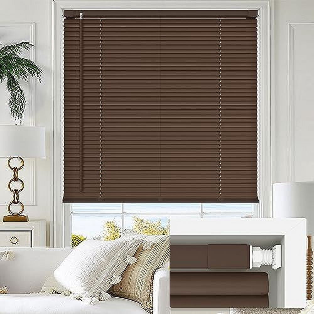 No Tools No Drill 1" Vinyl Mini Blinds, Cordless Blinds for Windows, Light Filtering Horizontal Window Blinds & Shades, 26" W x 64" H, Mahogany