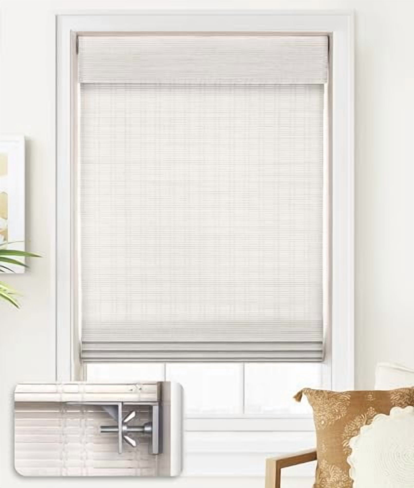 No Tools No Drill Cordless Bamboo Roman Shades, Light Filtering Window Treatment, Roll Up Bamboo Blinds for Window 28'' W x 64'' H, Ceylon Vintage White