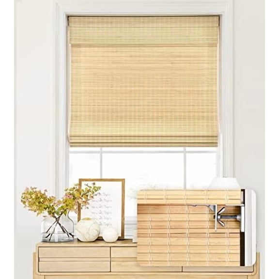 No Tools No Drill Cordless Bamboo Roman Shades, Privacy Blinds for Interior Windows, Room Darkening Roll Up Bamboo Blinds for for Home & , 36.5" W x 64" H, Privacy-Natural