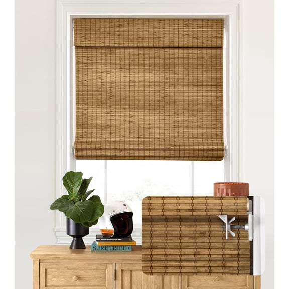No Tools No Drill Cordless Bamboo Roman Shades, Privacy Blinds for Interior Windows, Room Darkening Roll Up Bamboo Blinds for for Home & Patio, 33.5" W x 48" H, Privacy-Highfield Teak
