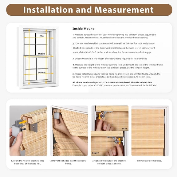 No Tools No Drill Cordless Bamboo Roman Shades, Privacy Blinds for Interior Windows, Room Darkening Roll Up Bamboo Blinds for for Home & Patio, 37" W x 36" H, Privacy-Highfield Teak