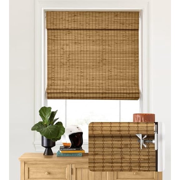 No Tools No Drill Cordless Bamboo Roman Shades, Privacy Blinds for Interior Windows, Room Darkening Roll Up Bamboo Blinds for for Home & Patio, 56.5" W x 36" H, Privacy-Highfield Teak