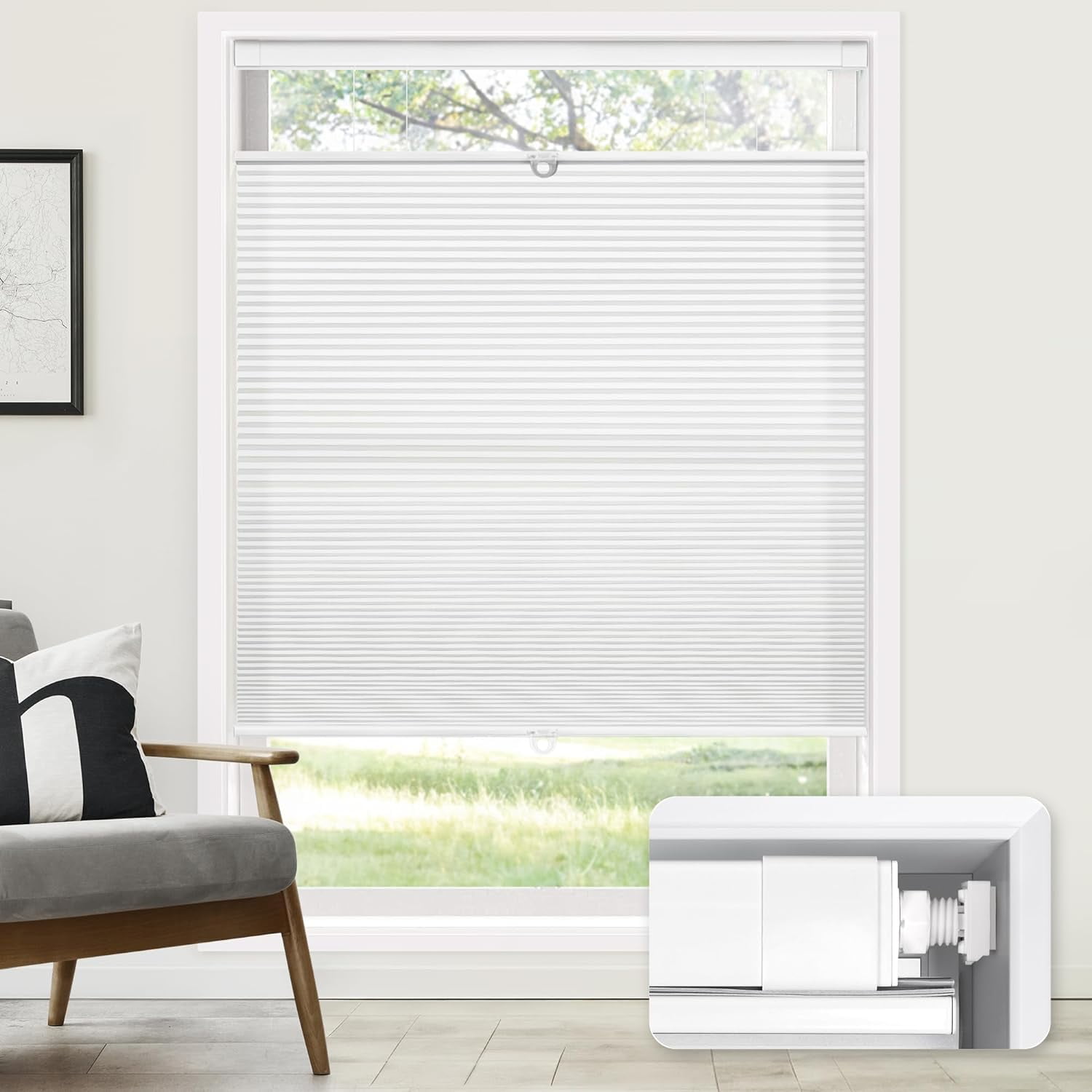No Tools No Drill Cordless Cellular Shades, Top Down Bottom Up (TDBU) Honeycomb Shades for Home, Light Filtering Thermal Insulation Blinds for Windows, 22" W x 64" H, White
