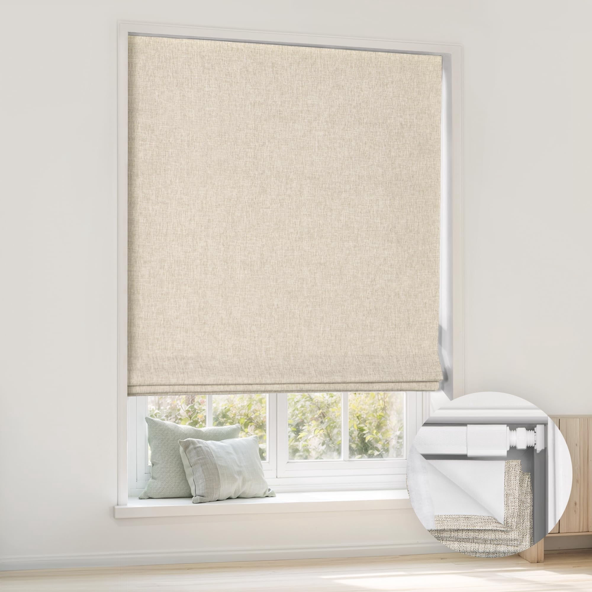 No Tools Drill Cordless Roman Shades For Windows  Blackout Thermal Insulated Uv Blocking Window Blinds Room Darkening Fabric Indoor 21'' W X 48'' H Beige