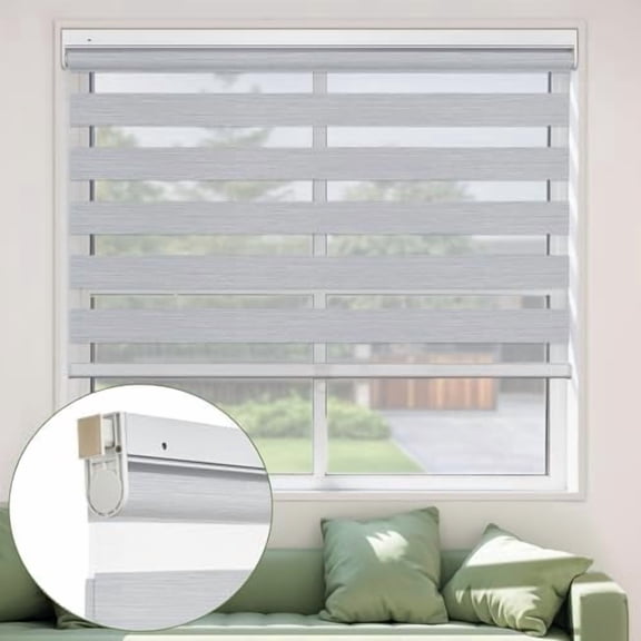 No Tools No Drill Cordless Zebra Blinds Blackout Zebra Windows Shades Dual Layer Roller Shades Thermal Insulated Reduce Noise Zebra Shades for Windows (Silver Gery, 38 1/4" W x 72" H)