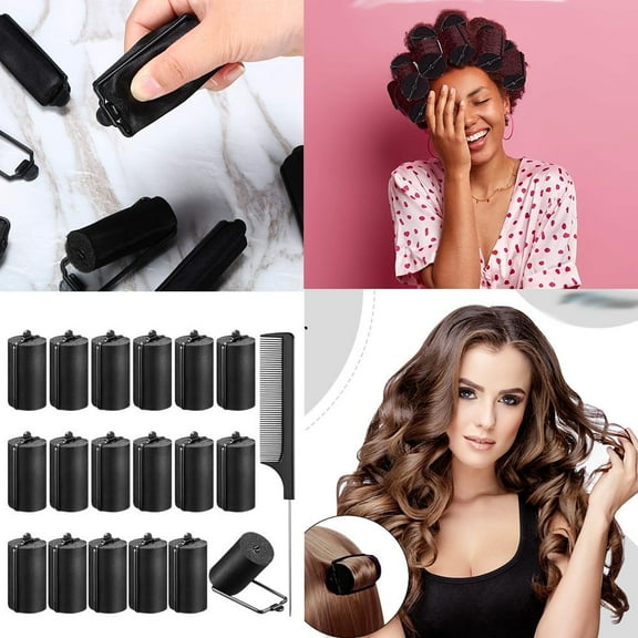 [Tools & Hardware] A Set of 18 Pcs Satin Rollers Kit for Black Hair,1.42 Inch Foam Sponge Rollers,Black Silk Satin Wrapped Hair Curlers for Hairdressing Styling