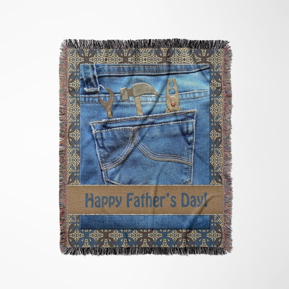 Tools In Blue Jean Pocket, Happy Fathers Day, Brown, Blue, Woven Blanket