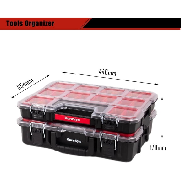 Tools Organizer, Small Parts Storage Toolbox, 2 Pcs (1+1) Hardware Deep Box Storage, 17.3 * 14 * 6.7" with Removable Inner Cups