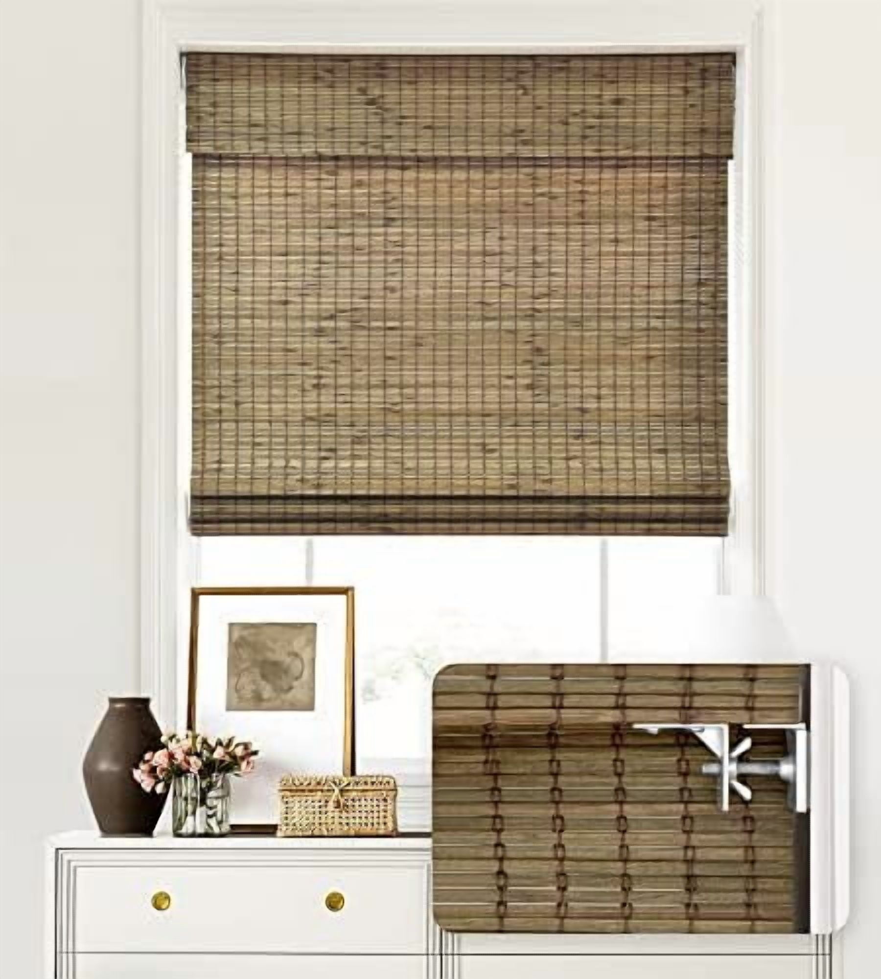 Gallery Detail: No Tools No Drill Cordless Bamboo Roman Shades Privacy Blinds