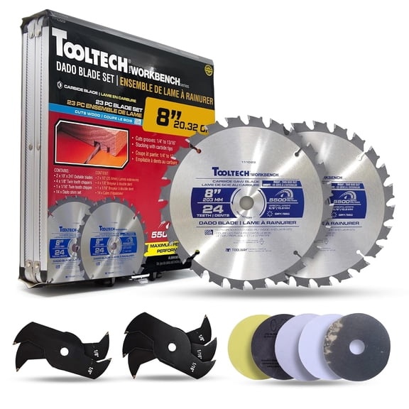 Tooltech 8 Inch Stacking Dado Blade Set for Table Saw, 24 Tooth Carbide Dado Blades, 23 Piece Adjustable Dado Set 1/4 to 13/16 Inch, 5/8 Inch Arbor 5500 RPM with Storage Case