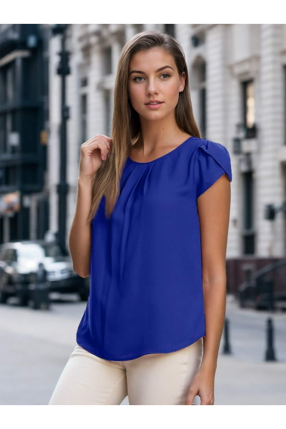 Women's Round Neck Pleated Blouse Cap Sleeve Curved Keyhole Back Chiffon Top