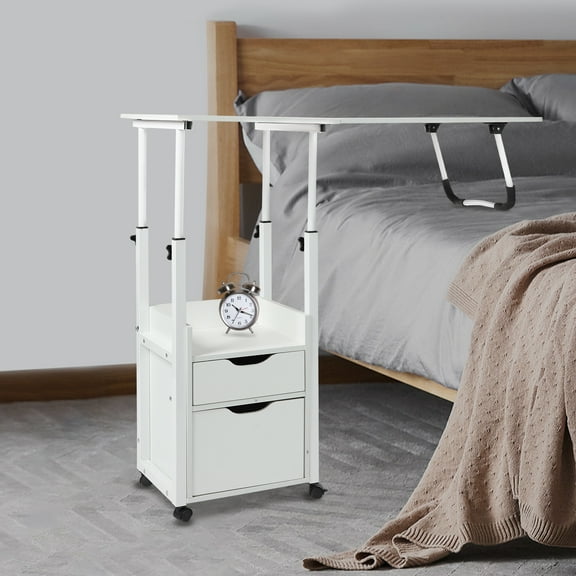 Toolven Adjustable Overbed Table with Movable Wheels, Stable Iron Frame, and Veneered Boards for Comfortable Use and Easy Assembly