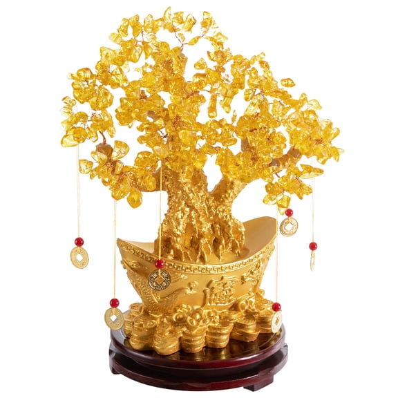 Toolven Artificial Tree with Golden Ingot-Shaped Base Chinese Copper Coins and Dense Leaves Resin and Wood Compact Size Ideal Gift for Good Luck and Prosperity
