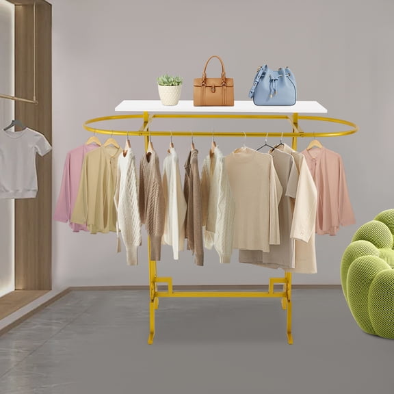 Toolven Black and Gold Clothing Display Stand with 5 Tiers, Adjustable Feet, Removable Hooks, Perfect for Store or Boutique Display