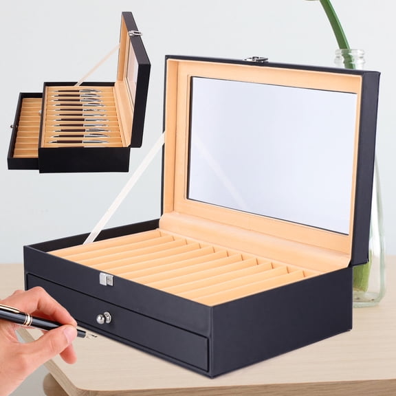 Toolven Luxury Pen Display Box with Large Capacity, Holds 24 Pens, PU Leather, Flannel Lining, 2-Layer Design, Ideal Gift for Pen Collectors