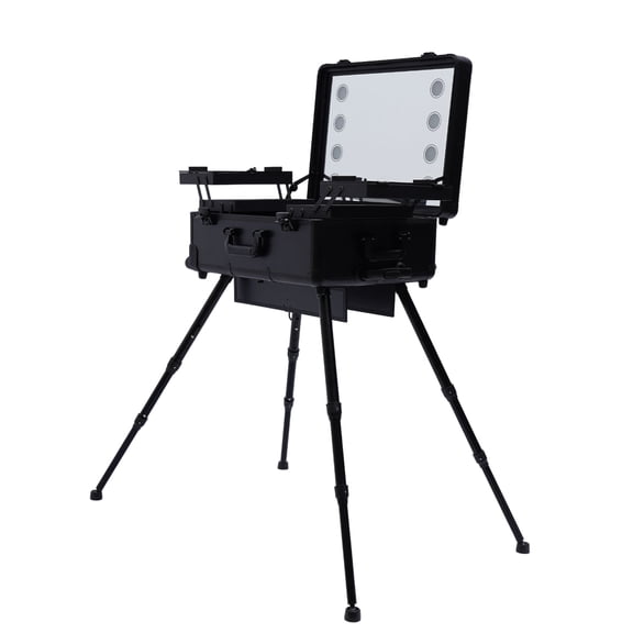 Toolven Makeup Train Case with 3-Tier Storage, High-Quality Aluminum Alloy, 50kg Weight Capacity, Adjustable Height (up to 82cm), LED Mirror with Adjustable Light, Lockable Design for Use