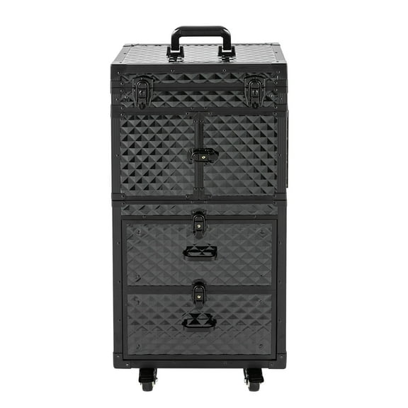 Toolven Makeup Train Case with Multi-Layer Storage, Large Capacity, Secure Lock System (Keys and Password Locks), Portable with Wheels and Pull Bar, Stylish Check-Pattern Design