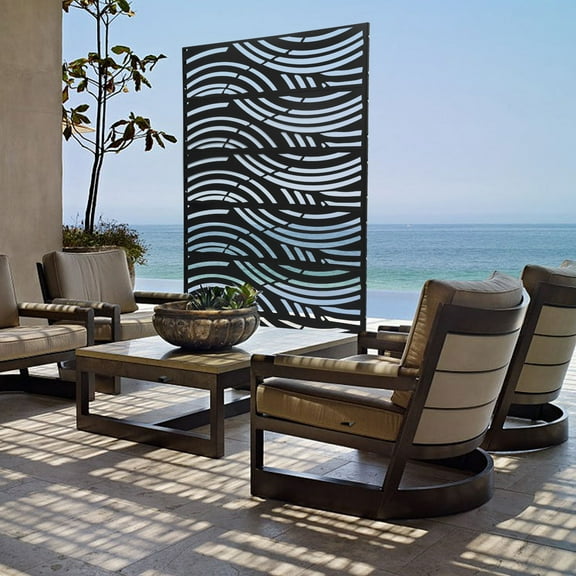 Toolven Patio Privacy Screen 3.72*5.94ft, Block Sunlight and Wind, Stylish Black Geometric Design with Arc Pattern, Strong Stability, Easy Assembly for Outdoor Use, Perfect for Yard Privacy