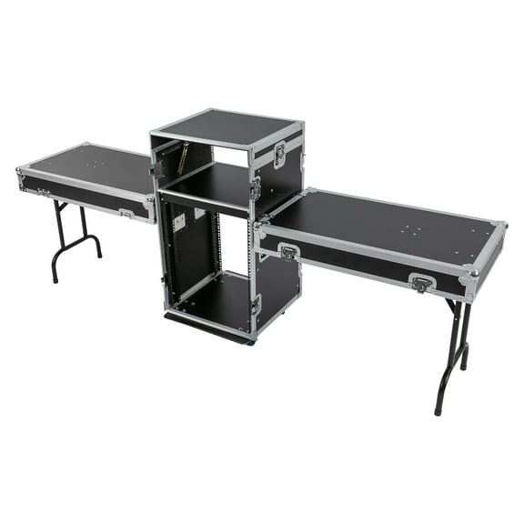 Toolven Portable 14U DJ Rack with Table, 2-Tier Design, 4 Wheels, 661.39lbs Load Capacity, and Spring Handle for Storing Audio and Music Equipment