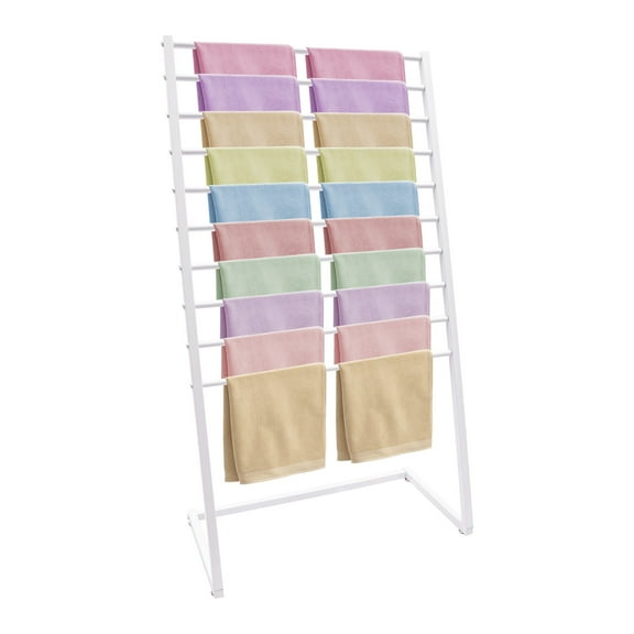 Toolven Space-Saving 10-Tier Scarf Rack with Adjustable Feet, Steel Frame, White Finish, Ideal for Organizing and Displaying Scarves in Retail or Home Spaces