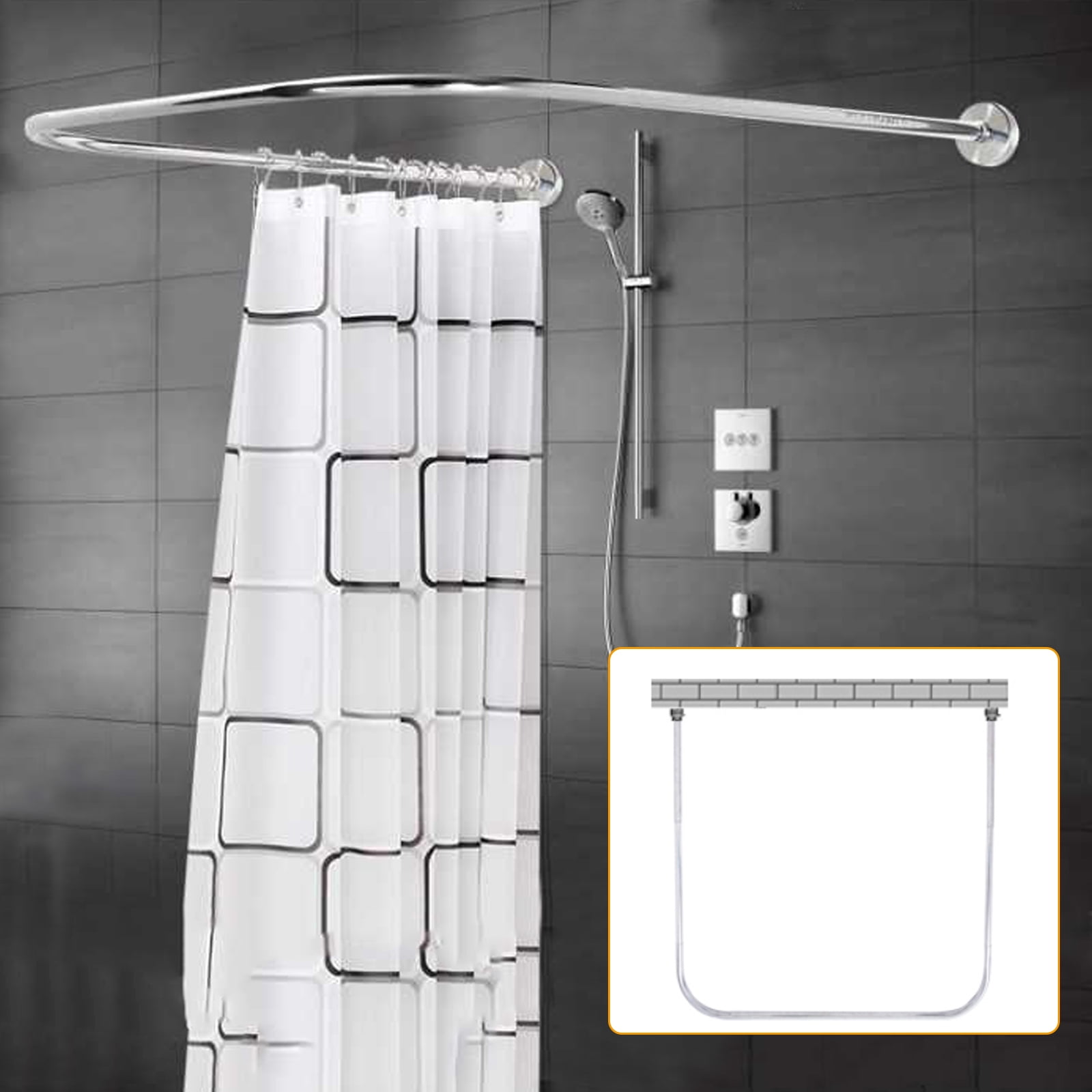 Toolven Stretchable Shower Curtain Rod Set, Stainless Steel, U-Shaped, with Durable Polyester Curtain, Easy to Clean