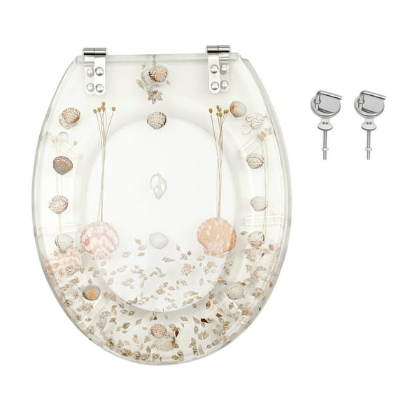 Toolven Stylish Toilet Seat with Natural Dried Flowers & Shells Soft Close, Clear Resin and Stainless Steel, Anti-Corrosion, Wear-Resistant, Easy to Clean, Fits Various Toilet Shapes