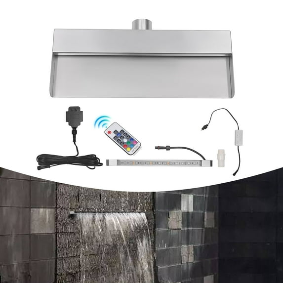 Toolven Swimming Pool Fountain with LED Light Color Changing Adjustable Stainless Steel Waterfall Wall Mount Feature for Backyard
