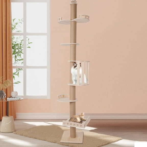 Toolven Wooden Floor to Ceiling Cat Tree Tower Natural Sisal Rope Scratching Post