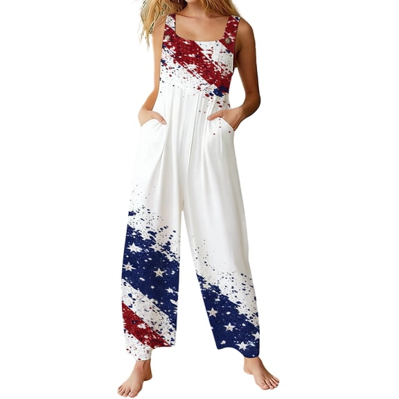 Toome 4th of July Romper For Women Independence Day Print Loose Buttoned Jumpsuit American Flag Wide Leg Overall with Pockets