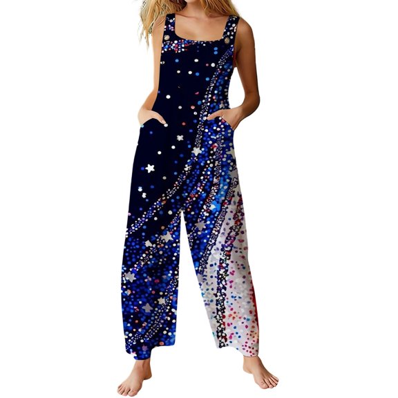 Toome 4th of July Romper For Women Independence Day Print Loose Buttoned Jumpsuit American Flag Wide Leg Overall with Pockets