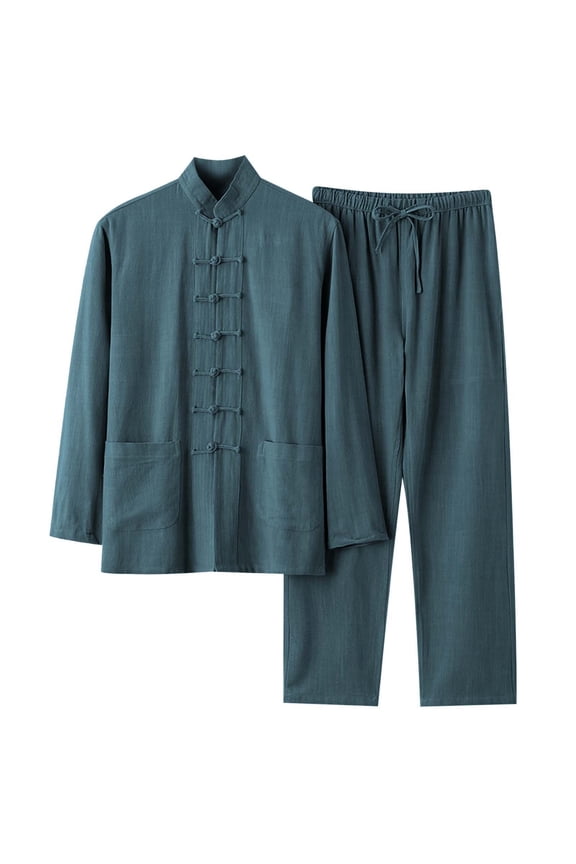 Men's Cotton Linen Tang Suit Set, Mandarin Collar Button 2-Piece Casual Outfit