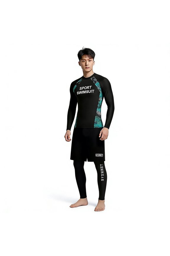 Men's Long Sleeve Rash Guard Swimsuit Set, UPF 50+ Sun Protection Surfing Diving Suit ，Quick Dry Athletic Swimwear