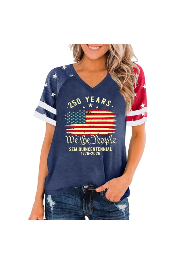 Women's American Flag V-Neck T-Shirt, 4th of July Independence Day Patriotic Graphic Tee, Soft Short Sleeve Casual Summer Tops, S-3XL