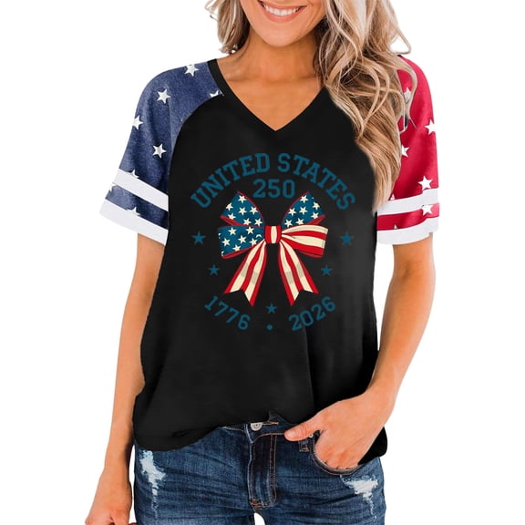 Toome Women's American Flag V-Neck T-Shirt, 4th of July Independence Day Patriotic Graphic Tee, Soft Short Sleeve Casual Summer Tops, S-3XL